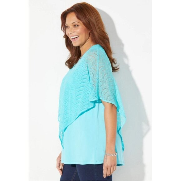 Catherines 6X Turquoise‎ Crochet Overlay Top Boho Poncho Style Plus Size - Picture 3 of 10